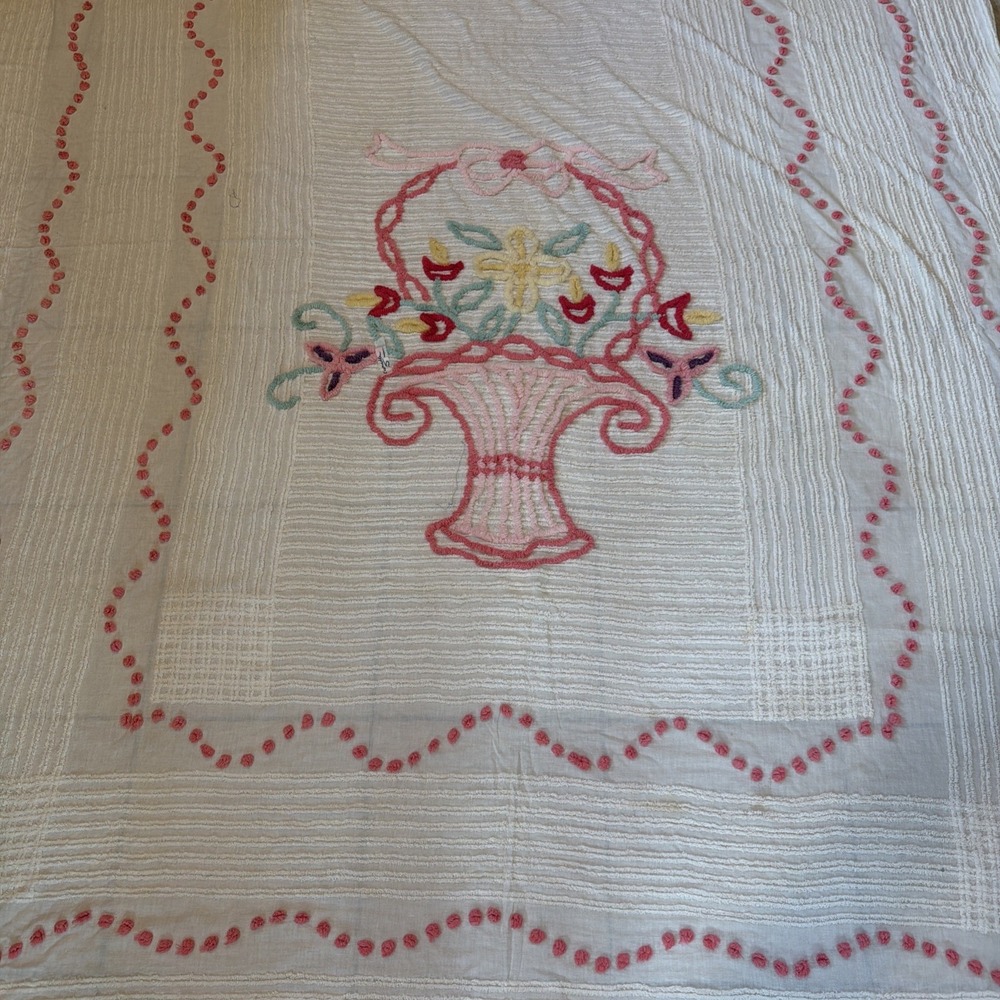VTG Chenille Bed Spread White Pink Floral Basket Cottage Shabby Chic 90x81 Full
